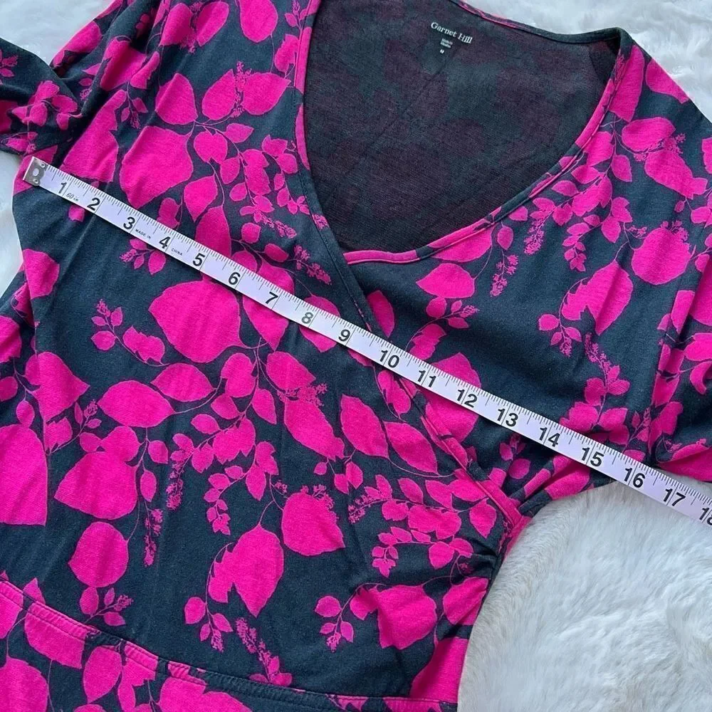Garnet Hill Brianna Wrap Dress Pink Gray Floral Floral Print 3/4 sleeves M